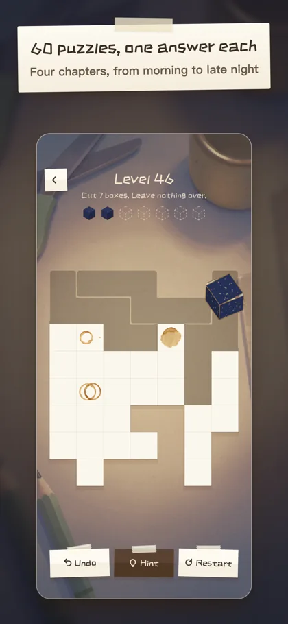 A late-night level under a desk lamp; each level has one solution