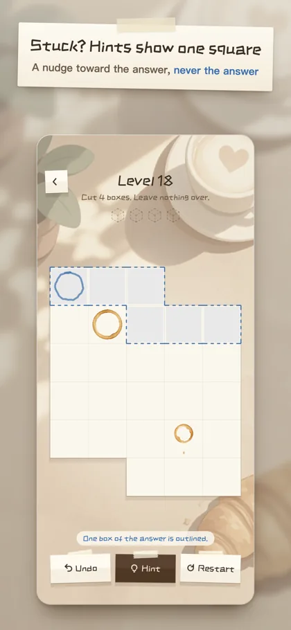 A hint marking the square to start cutting from