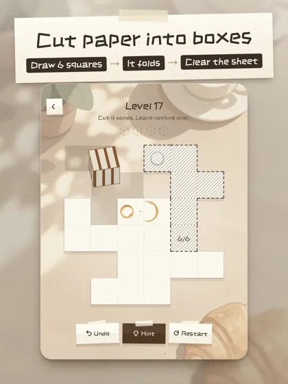 Drawing across six squares that fold into a cube, cutting out a box