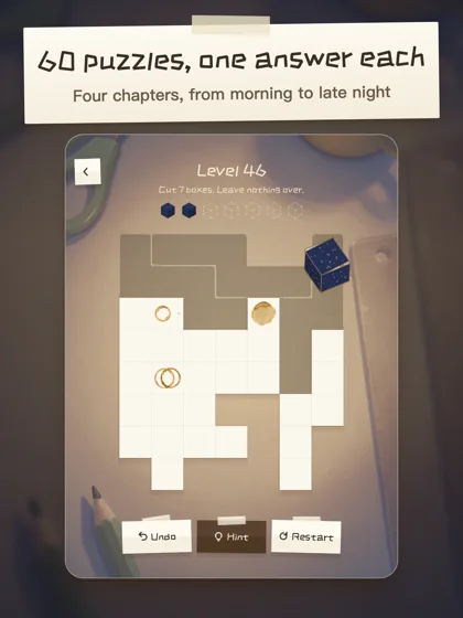 A late-night level under a desk lamp; each level has one solution