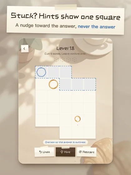 A hint marking the square to start cutting from