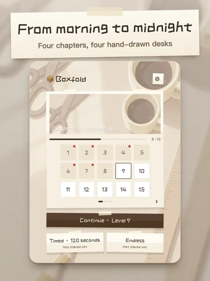 Level select across four chapters, from morning to late night