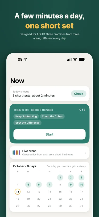 The Now tab: today's focus check, today's set of three practices, the five-area check and a monthly stamp calendar