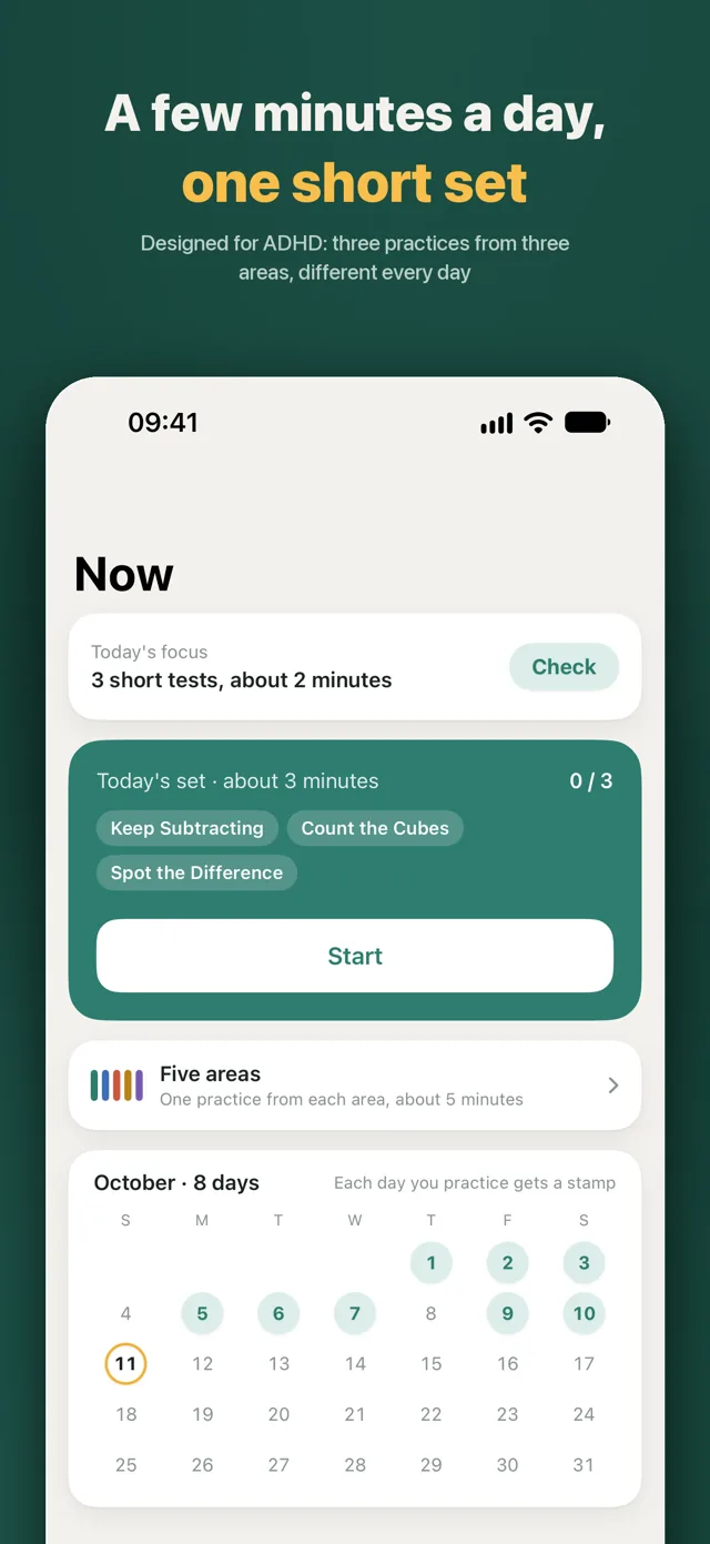 The Now tab: today's focus check, today's set of three practices, the five-area check and a monthly stamp calendar