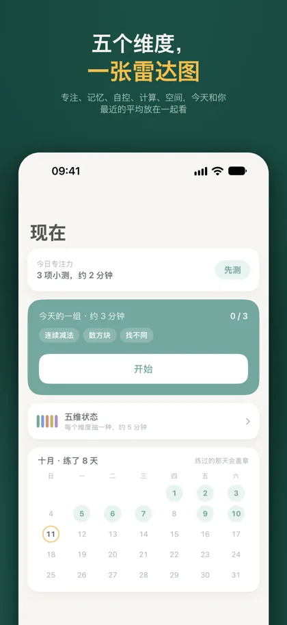 五维状态结果：专注、记忆、自控、计算、空间的雷达图，实线是今天，虚线是最近 7 次的平均