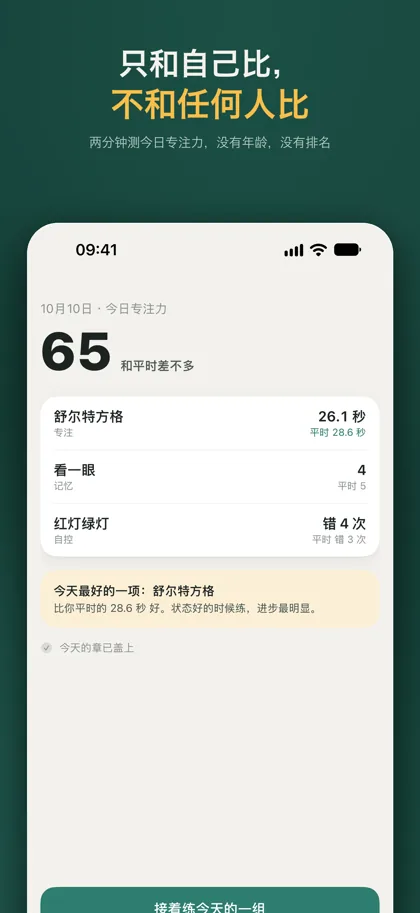 今日专注力结果：一个分数和「和平时差不多」，下面是三项练习各自与平时的对比