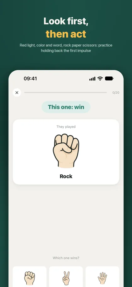 Rock Paper Scissors practice: the rule says win, the other side played scissors, with rock, scissors and paper buttons below