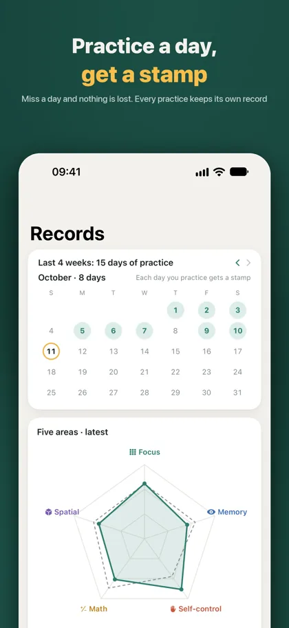 The Records tab: a stamp calendar of practice days in the last four weeks and the latest five-area radar chart