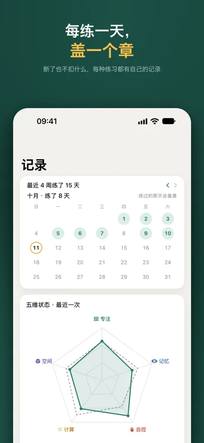 记录页：最近 4 周练了几天的盖章月历，下面是最近一次五维状态的雷达图