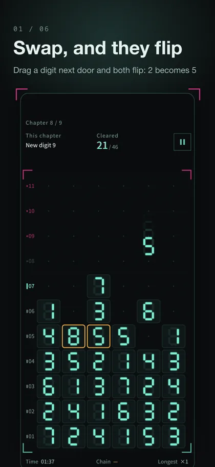Dragging a digit onto its neighbor; both flip and a 2 becomes a 5