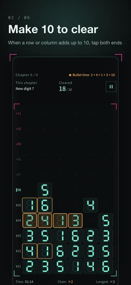 A line of digits that adds up to 10, fading as it clears