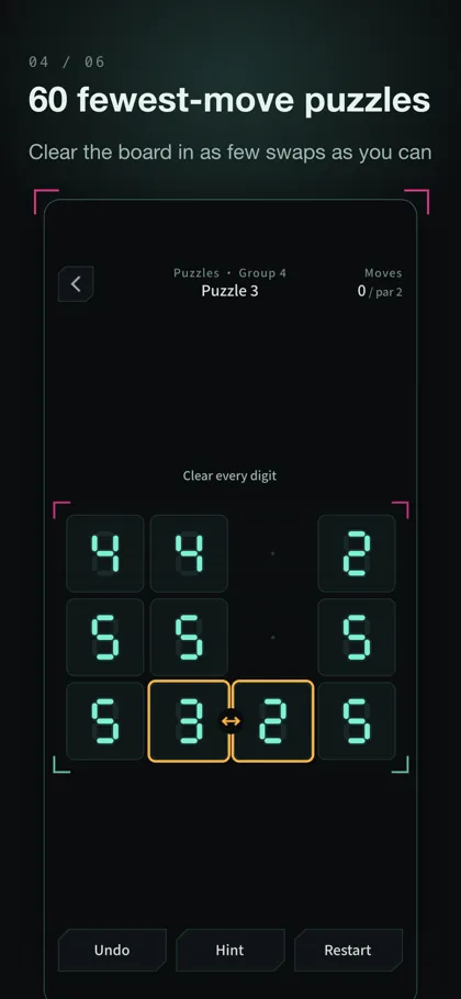 A puzzle in progress, with a hint marking the next swap