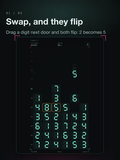 Dragging a digit onto its neighbor; both flip and a 2 becomes a 5