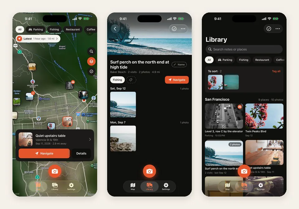 Shotpin's map, place page and library: the fishing spot "Surf perch on the north end at high tide" with two photos from the spot, 2 visits and one-tap Navigate; the library groups places by city and can search notes and places