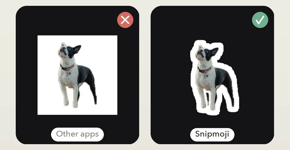The same cut-out sent in a chat: on the left it's flattened onto a white box, on the right the GIF from Snipmoji stays transparent