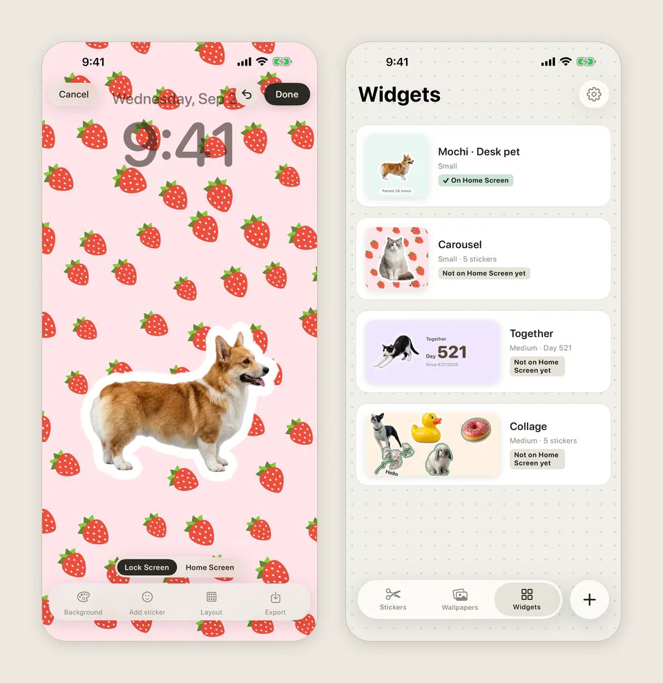 A Lock Screen wallpaper made with a sticker and a strawberry pattern, and the desk pet, carousel, day count and collage widgets