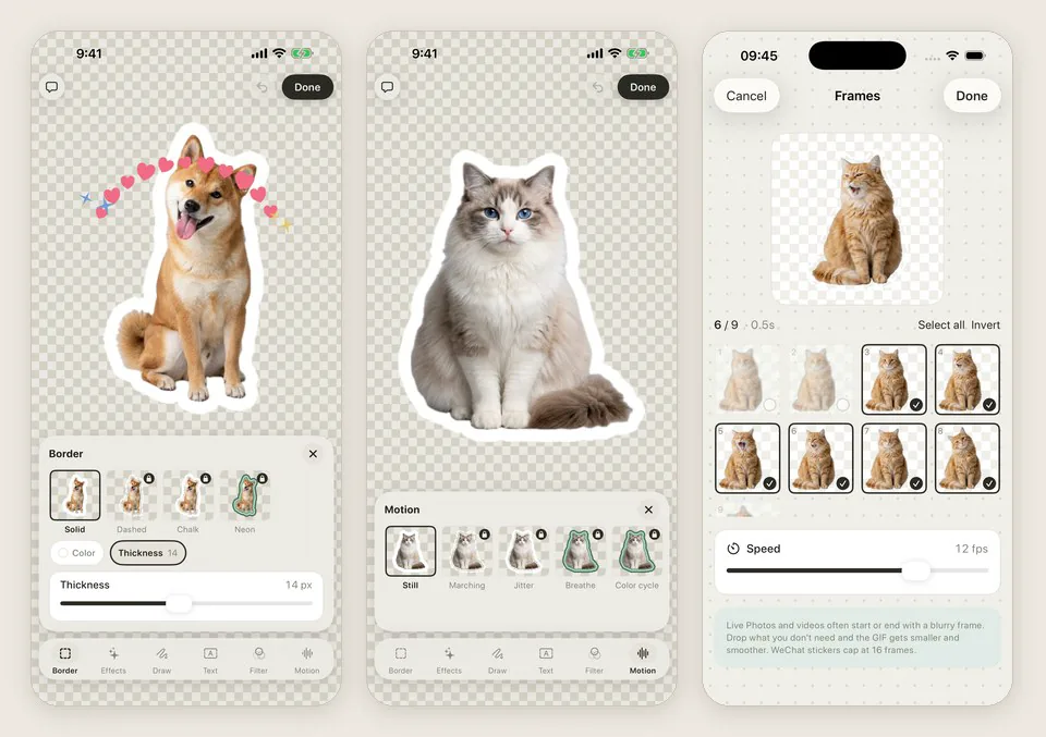 Snipmoji's editor: adjusting the border and effects, choosing border motion, and picking frames and speed for a Live Photo