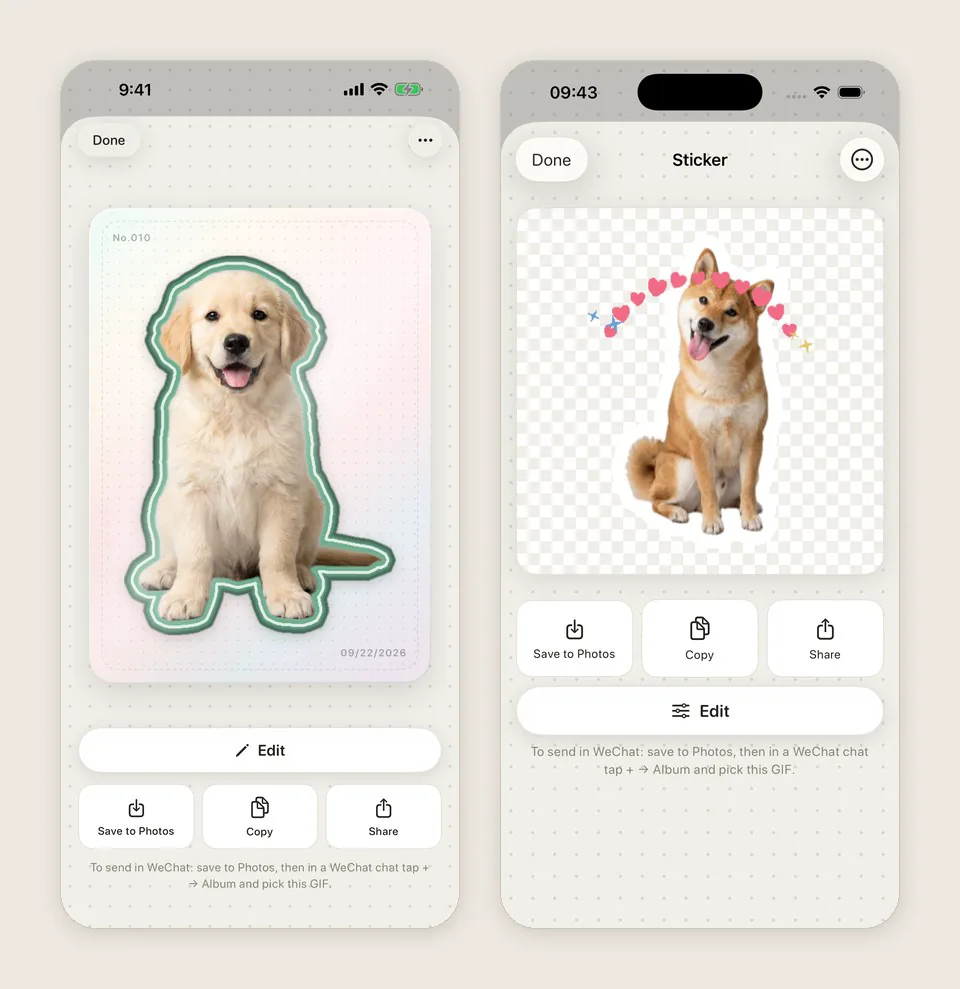 The sticker page, with Save to Photos, Copy and Share, and a note below on how to send it in WeChat