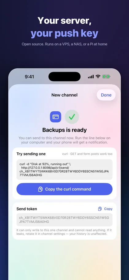 The curl command and send token shown right after a channel is created