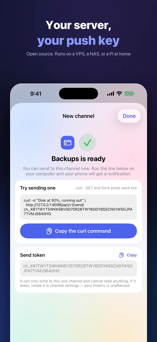 The curl command and send token shown right after a channel is created