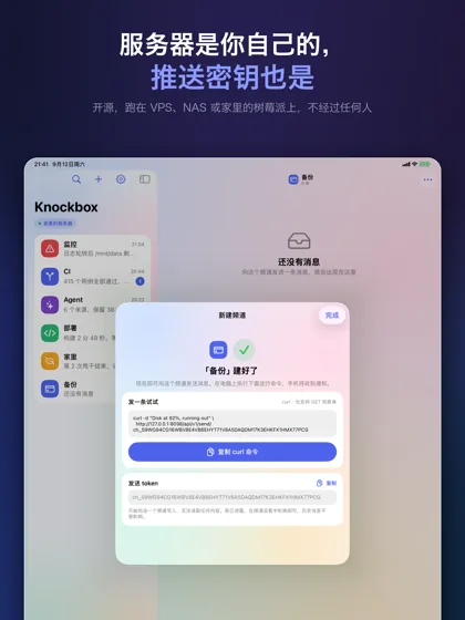 iPad 上，新建频道之后给出的 curl 命令与发送 token