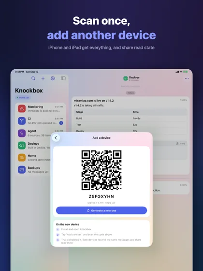 Pairing a second device by scanning a QR code, on iPad