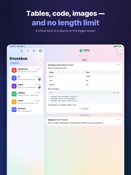A message body rendered as Markdown, with a table and highlighted code, on iPad
