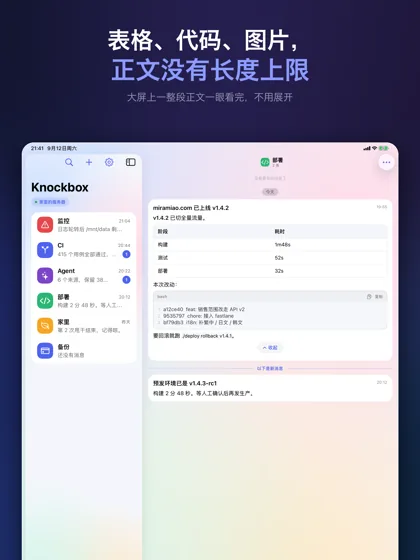 iPad 上，消息详情里的 Markdown 正文，含表格与带高亮的代码