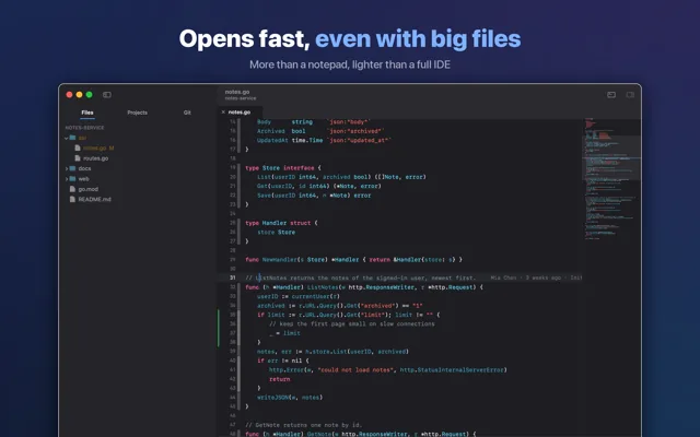 Litepad with a Go project open: the file list on the left, the code and a minimap of the whole file on the right