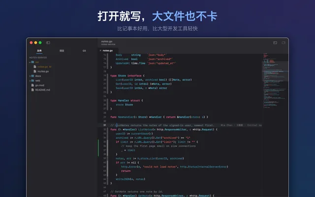 Litepad 打开一个 Go 项目：左边是文件列表，右边是代码和整篇缩略图