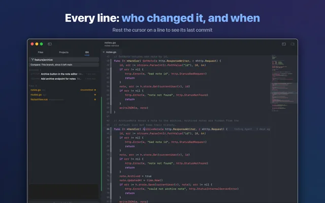 The end of the current line shows who last changed it, when, and the commit message