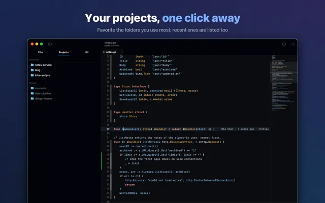 Favorite projects and recently opened folders, one click to switch