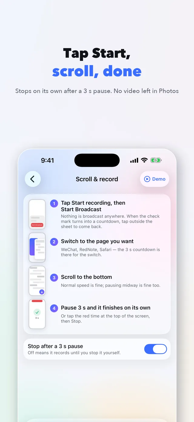 The four-step scroll and record guide, each step with a thumbnail, and the auto-stop switch below