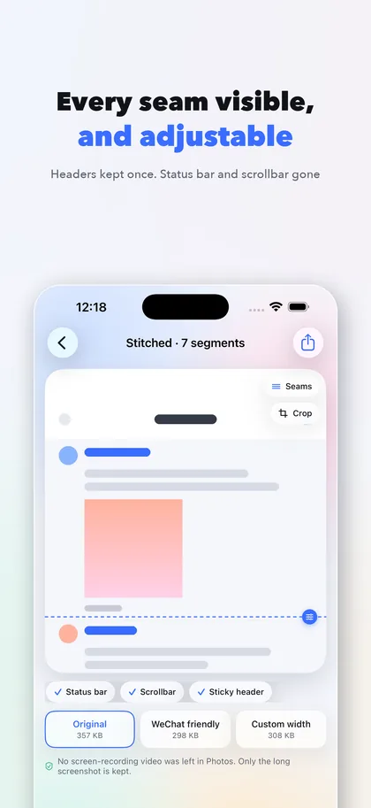 Result page with visible, adjustable seams