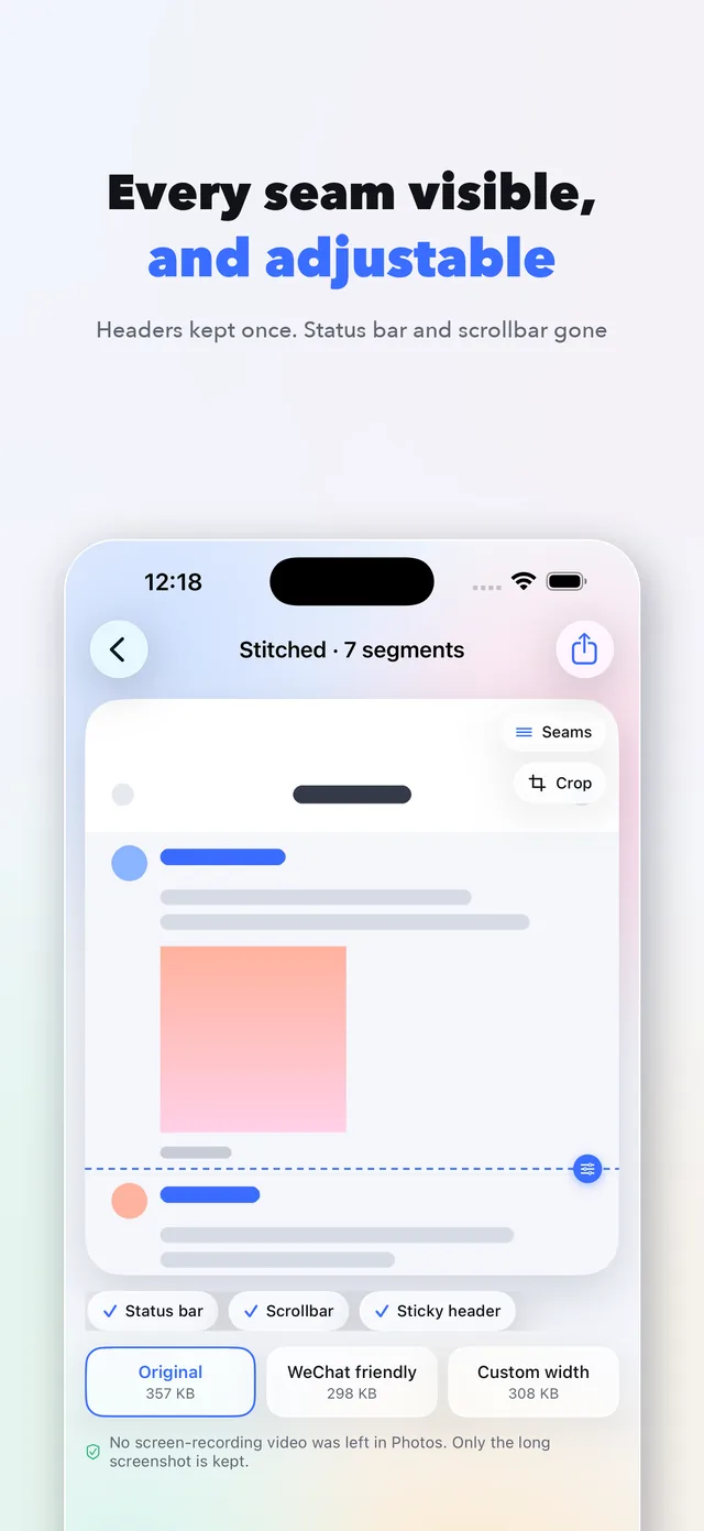 Result page with visible, adjustable seams