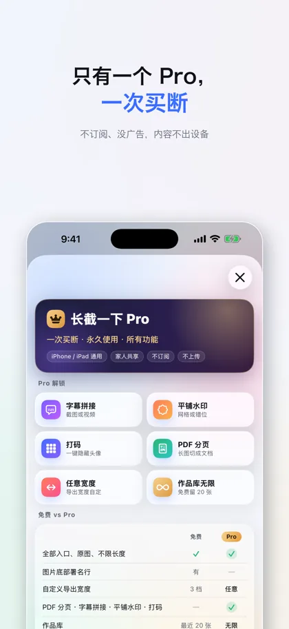 买断页：Pro 解锁字幕拼接、平铺水印、打码、PDF 分页、任意宽度与无限作品库，下面是免费与 Pro 的对照表