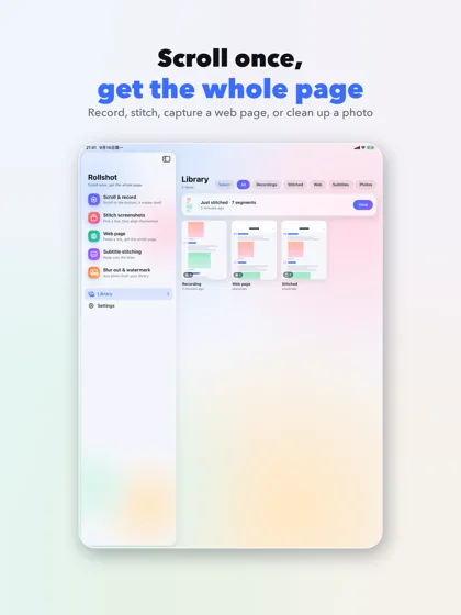 The iPad two-column layout: five tools in the sidebar, the library grid on the right