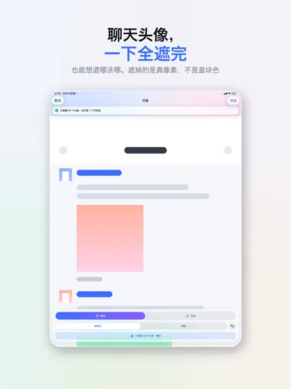 iPad 上的打码页，底部是涂抹 / 擦除与像素化 / 模糊的工具条