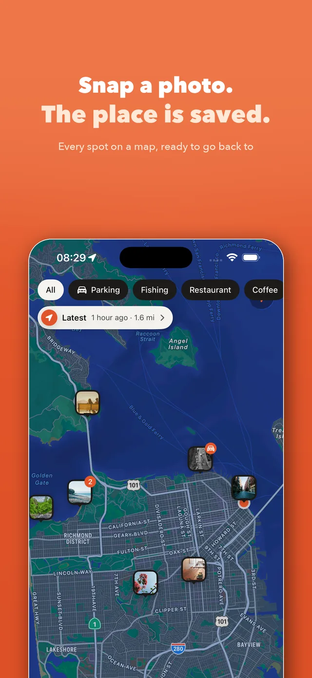 Map of saved spots with photo pins