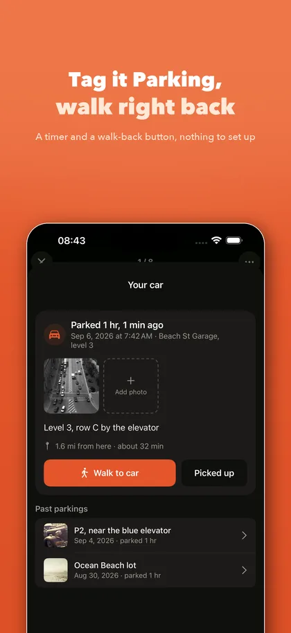 Parking spot with timer and walk-back button