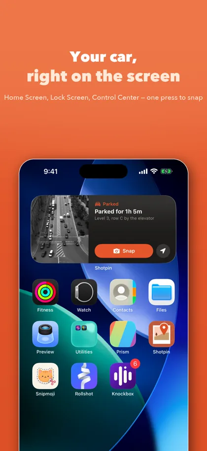 A Home Screen widget showing the latest photo, how long the car has been parked, and a Snap button