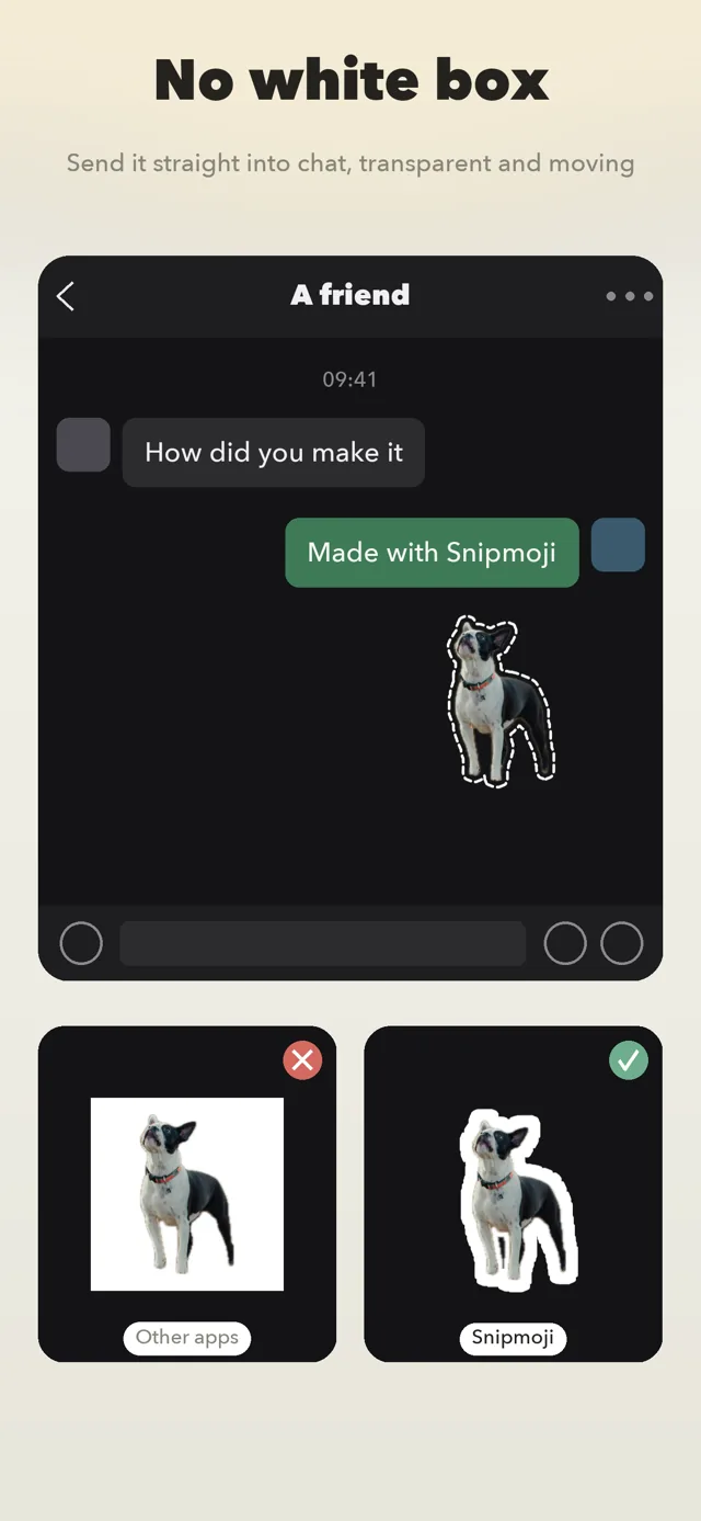 A transparent sticker sent in a chat, with a white-box vs transparent comparison