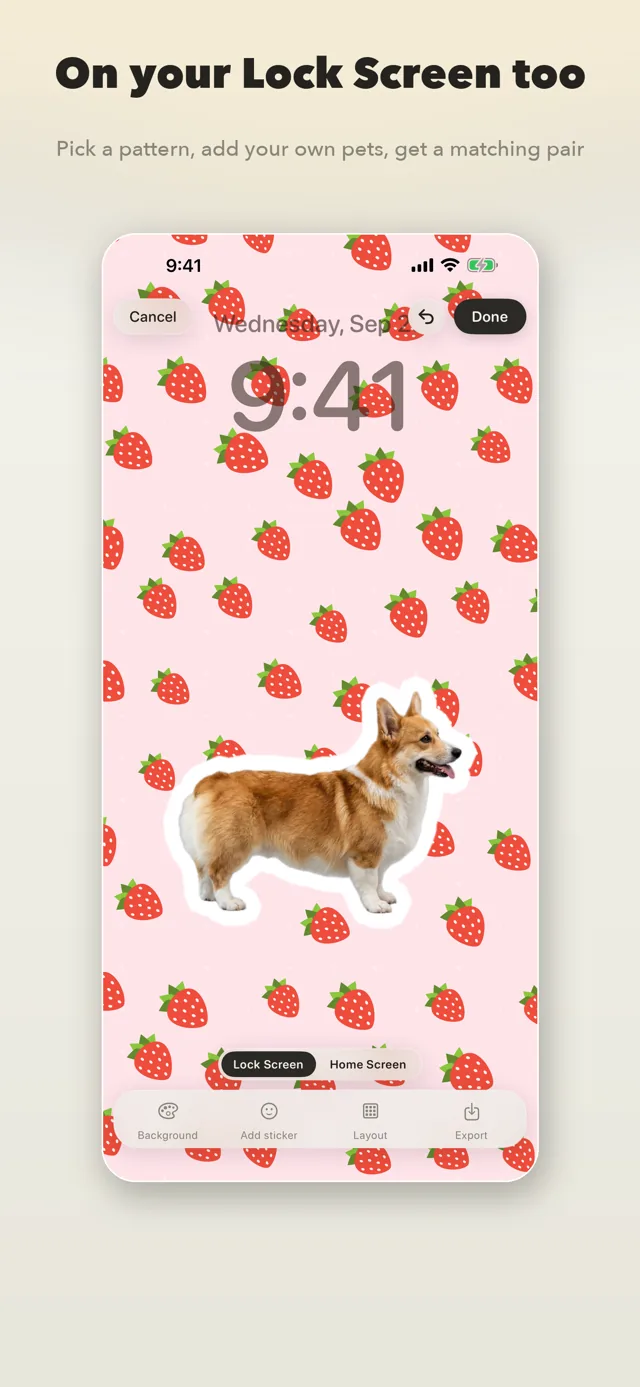 A strawberry-pattern Lock Screen wallpaper with a corgi sticker on it