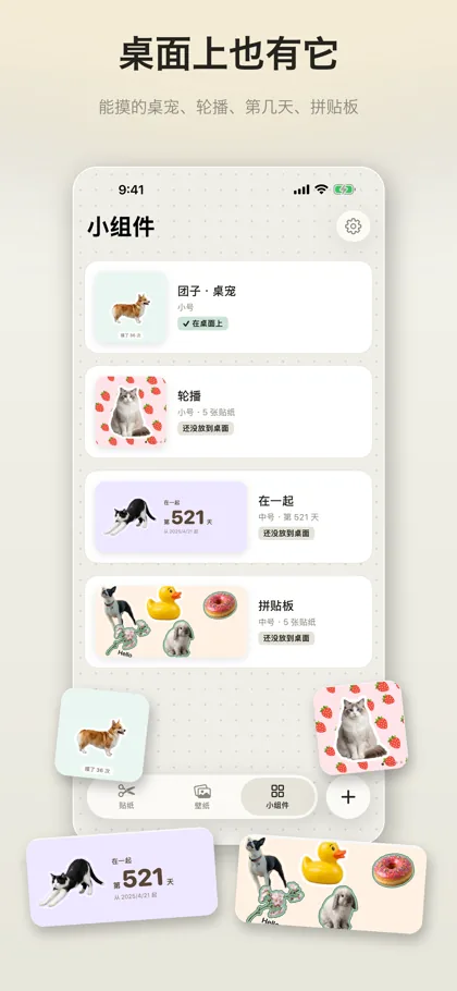 小组件列表：桌宠、轮播、第几天、拼贴板四种