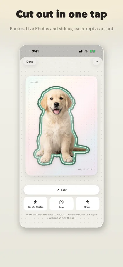 The sticker card: a cut-out puppy, with Edit and four ways to send below