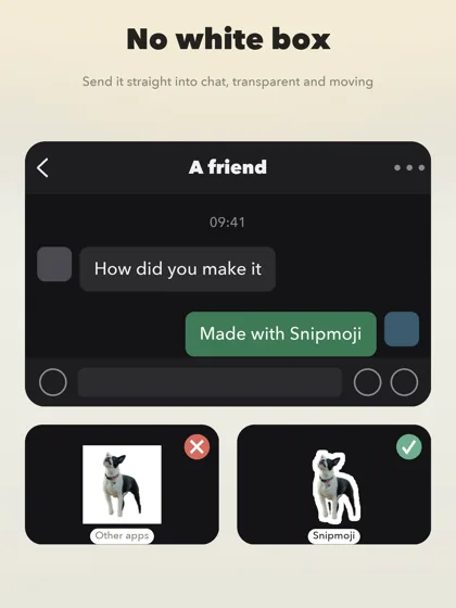 A transparent sticker sent in a chat, with a white-box vs transparent comparison