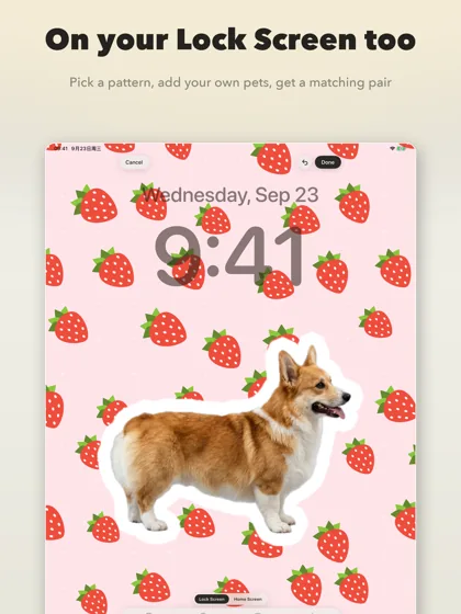 On iPad: a strawberry-pattern Lock Screen wallpaper with a corgi sticker on it