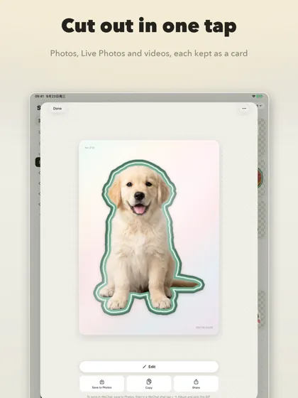 On iPad: the sticker card, a cut-out puppy with Edit and four ways to send below