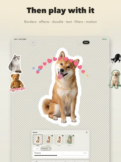On iPad: the editor, a Shiba sticker with a border and hearts around it, the border panel below