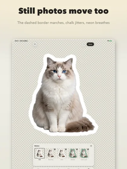 On iPad: the motion panel, choosing how a still cat sticker moves
